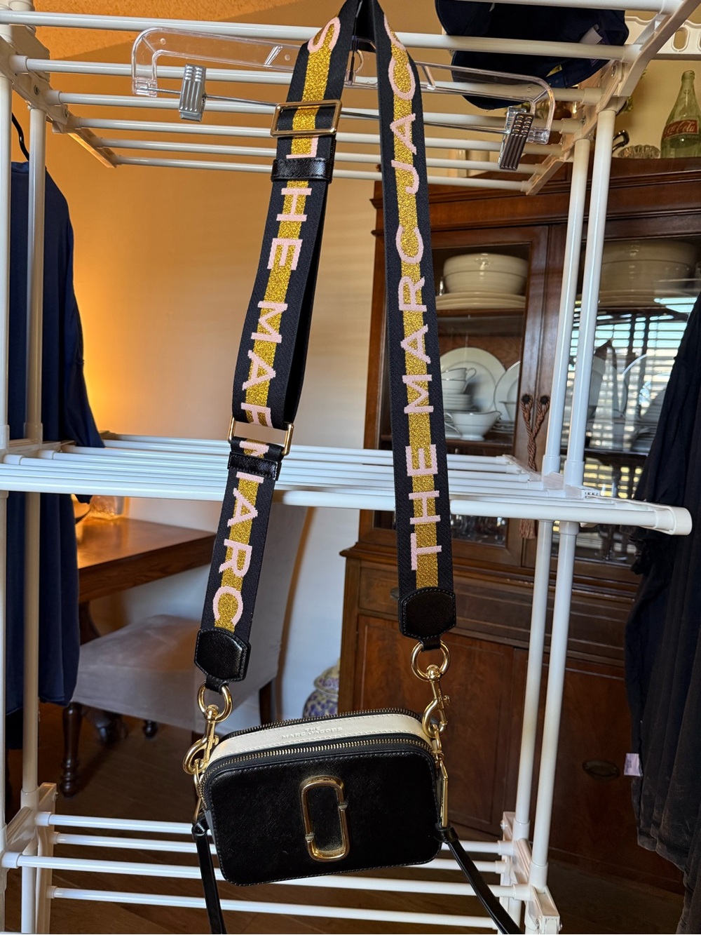 Marc Jacobs Black Snapshot Crossbody with Black & Yellow Strap with Pink detail